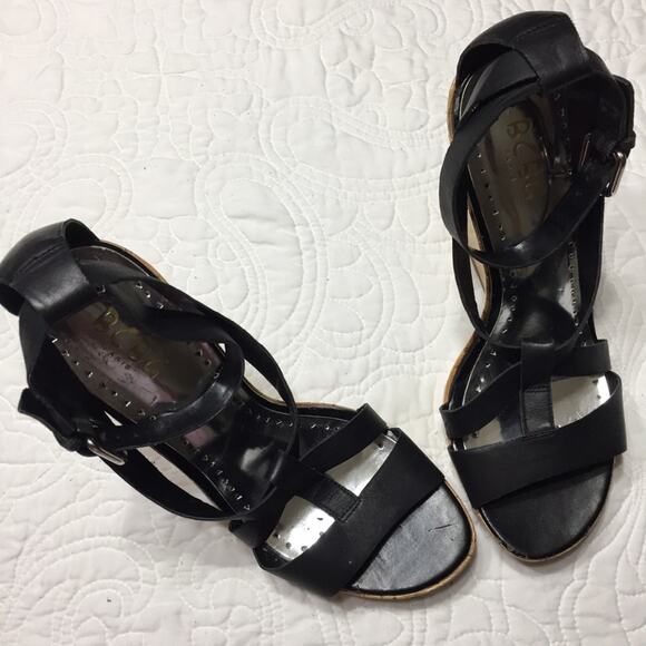 BCBG Paris Black Strappy Platform Shoes Size 9 with Wood Balance Sandal Heels - Picture 5 of 8